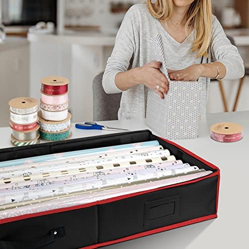 BALEINE Wrapping Paper Storage Organizer, 40" Durable 600D Oxford Fabric Gift Wrap Storage Bag with Flexible Partitions for Ribbon, Holiday Accessories (Black/Red) - Image 2