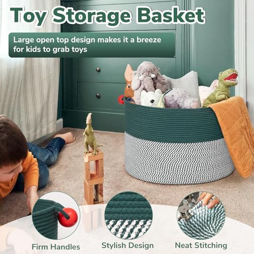 Goodpick Large Storage Basket 22" x 14", Woven Baby Storage for Blanket Living Room, Laundry Organizer for Clothes, Toys, Christmas Basket for Gifts, Green - Image 3