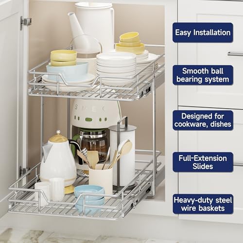 2-Tier Pull Out Cabinet Organizer, 14.5" W x 21.5" D, Heavy Duty Dual Slide Out Shelves for Base Cabinets, Chrome Wire Basket Drawer for Pantry, Kitchen & Bathroom Storage - Image 4