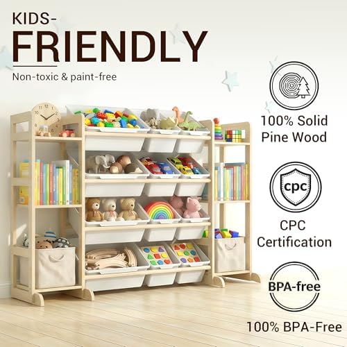 Kiddocood Kids Toy Storage Organizer with 12 Bins, 100% Solid Wood - Natural Finish Montessori Toy Organizer, BPA Free, CPC & TIC Certified Playroom Organization for Living Room & Nursery, 52.3" - Image 4