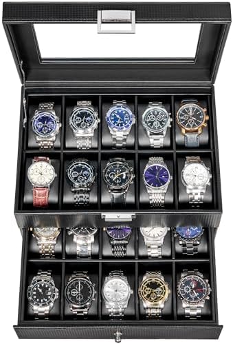 BEWISHOME Watch Case, 20-Slot Watch Box Organizer with Large Glass Lid by BEWISHOME