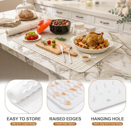 2 Pack Silicone Dish Drying Mat for Kitchen Counter Shower Caddy Rack Waterproof Under Sink Placemats Trivets Coffee Bar Accessories Fridge Organizer Must Haves Extra Large 24"x18" White - Image 2