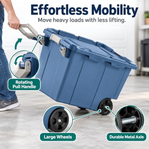 2-Pack 40 Gal Wheeled Storage Bins, Latching Lid & Pull Handle, Blue - Image 5