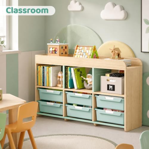 APEXCHASER Toy Storage Organizer with 6 White Bins - Wooden Playroom Storage Cabinet for Toys, Books & Art Supplies, Green - Image 5