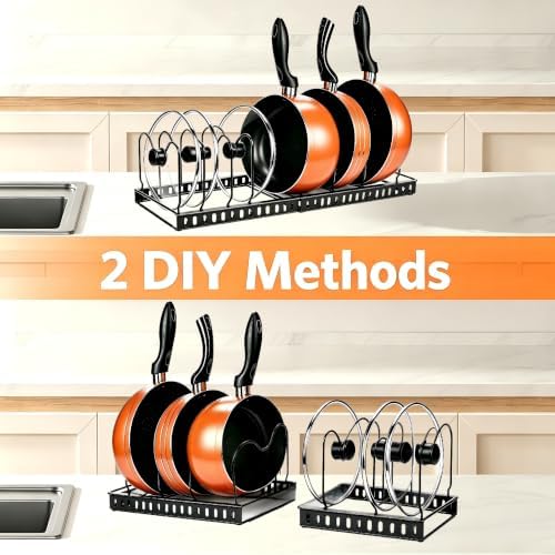 Metal Pot and Pan Organizer, 2-Section Heavy-Duty Expandable Rack, 7 Adjustable Dividers Multi-Purpose Storage for Cookware, Pot Lids, Cutting Boards & Bakeware, Cabinet & Countertop - Image 5
