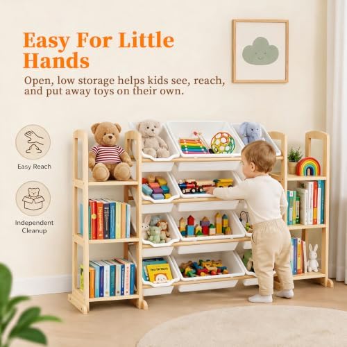 Toy Storage Organizer with Bookshelf – Wooden Toy Organizer with 12 Toy Bins & 6 Tier Bookcase,Quick Assembly Kids Bookshelf,Toy Bin for Playroom, Bedroom, Nursery– White - Image 6