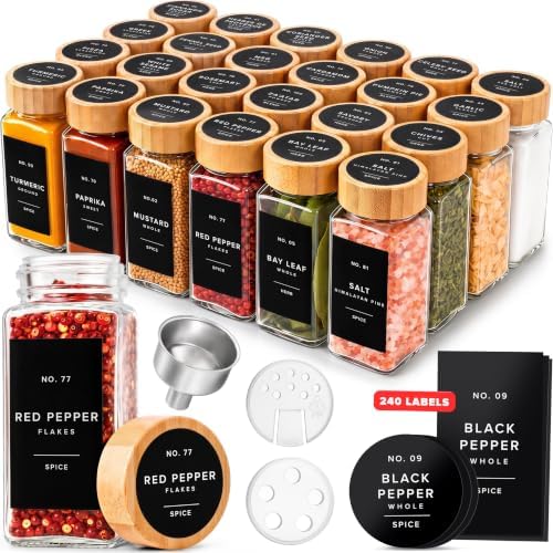 EDELHAUS Glass Spice Jars with Label, 24x Bamboo Wooden Lids - Black Labels by EDELHAUS