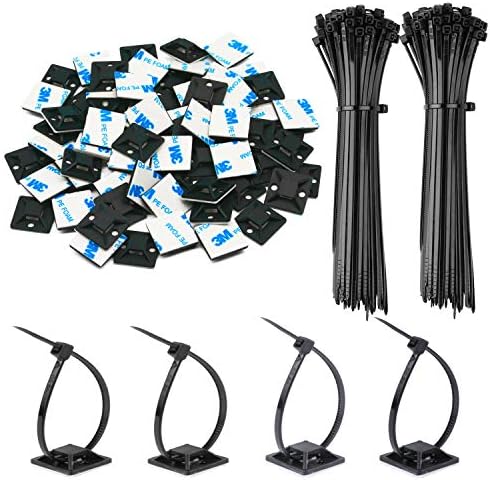 50 Pack 1.5 inch Zip Tie Adhesive Mounts Self Adhesive Cable Tie Base Holders with Multi-Purpose Tie wire clips with screw hole,Anchor stick on wire holder with 8 inch zip ties（Black） by Rythcraft