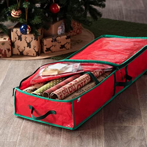 ZOBER Gift Wrapping Paper Organizer Storage - 40" Gift Wrap Storage Containers With Interior Pockets For Bows, Tags & Ribbons - Wrapping Paper Holder, Waterproof, Fits 24 Standard Rolls, Red - Image 2