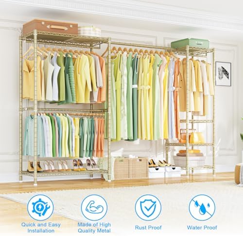 Ulif E10 Clothes Rack（With Stretchable Hanger Rod）Freestanding Clothing Racks for Hanging Clothes，Adjustable Closet Organizer System，Portable Garment Rack 73-97"W x 15" D x 72" H，Max Load 800LBS，Gold - Image 4