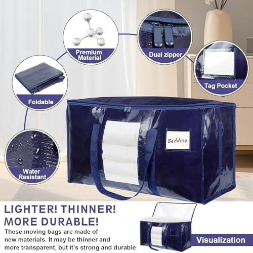 8 Pack Extra Large Moving Bags Heavy Duty 180GSM,130LBS 100L Totes with Visible Window, Zippers & Wrap-Around Handles, Waterproof Reusable, Alt to Moving Boxes, Navy blue - Image 4