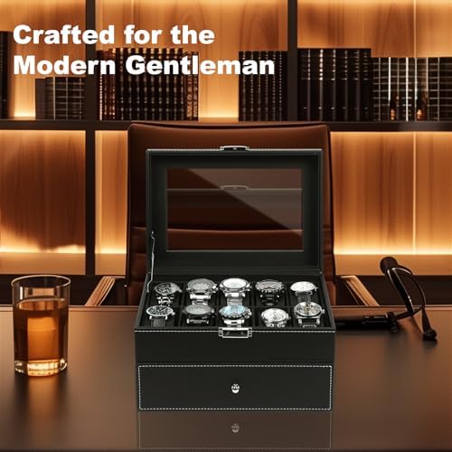 Watch Box for Men, 20 Slot Men's Watch Case with Transparant Glass Lid, Jewelry Box With Drawer, 2-Layer Watch Holder with Lock and Removable Pillows, PU Leather, Fathers Day Gift for Dad - Image 2