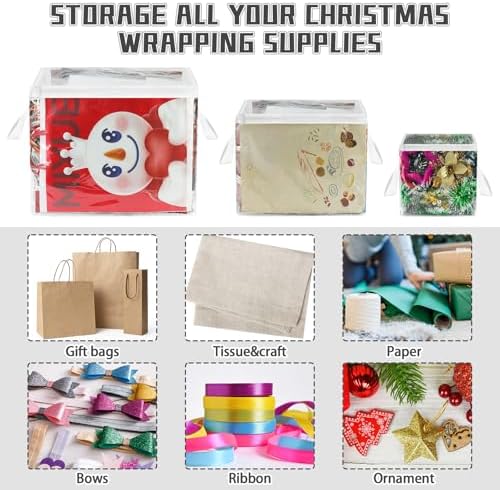 3 Pack Clear Zippered Gift Bag Storage Organizer with Handles,Organize Your Gift Wrap,Tissue Paper, Tape,Bow, Ribbon,Card,Ornament-Christmas Wrapping Supplies Storage Bag-3 Different Sizes（L+M+S) - Image 4