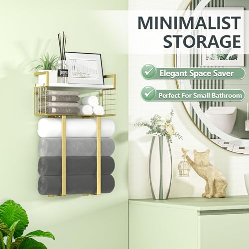 Towel Racks for Bathroom, Bathroom Shelf Over Toilet,Floating Shelves with Towel Rack Paper Holder Storage Basket,Floating Shelves for Wall Decor,Gold - Image 7