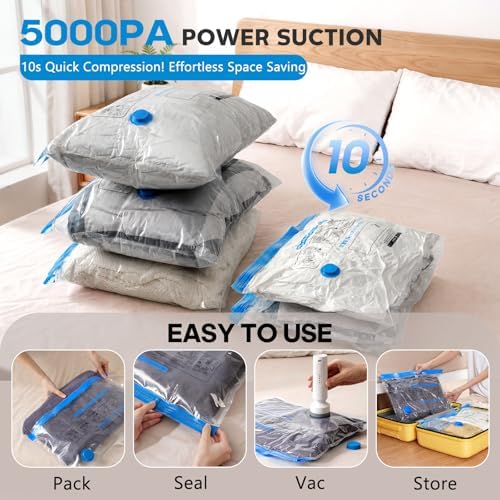 9 Pack Vacuum Storage Bags for Travel with Rechargeable Cordless Pump, Space Saver Bags for Clothes, Compression Packing Bags for Luggage and Suitcase, Blue - Image 3