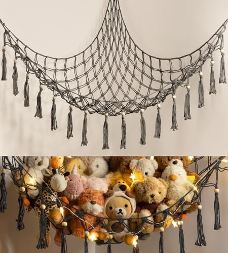 Stuffed Animal Toy Storage Hammock with LED Light - Macrame Jumbo Doll Corner Stuff Animals Organizer Decorations - Cute Hanging Plushie Net Kids Baby Nursery Bedroom Room Decor by TCGPRO