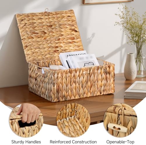 StorageWorks Wicker Basket with Lid, Storage Baskets with Lids, Hyacinth - Image 3