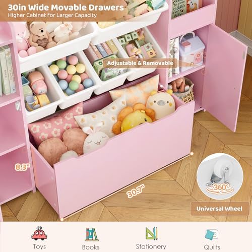 55'' Toy Storage Organizer & Kids Bookshelf with Large Wood Toy Chest, Pink - Image 4
