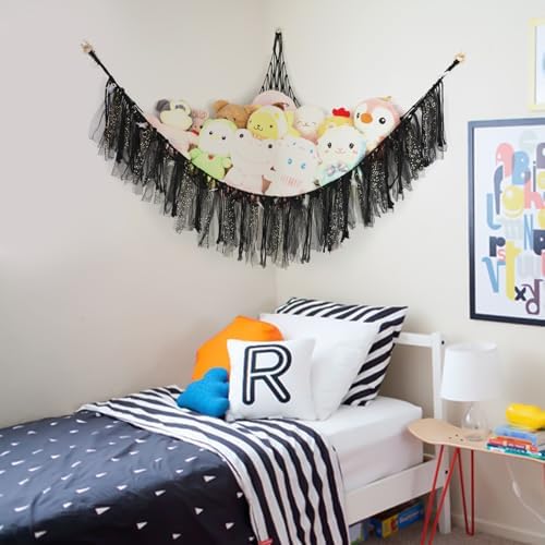 Stuffed Animal Hammock with LED Lights - 59 Inch Large Toy Storage Net for Kids Bedroom, Wall-Mounted Plush Organizer with Wooden Rings, Nursery Decor (Handwoven, Black) - Image 6