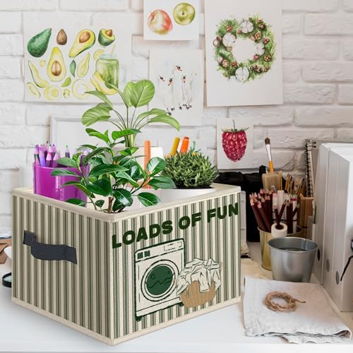 Funny Laundry Basket Foldable Storage Bins Box with Handles, Loads of Fun Retro Green Striped Collapsible Toys Books Clothes Organizer Basket for Bathroom Laundry Room Washroom - Image 2
