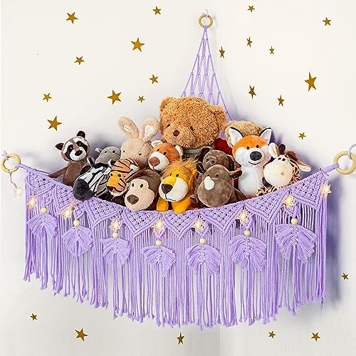 Macrame Stuffed Animal Storage with Star Light, Corner Hammock for Nursery by ANROYE