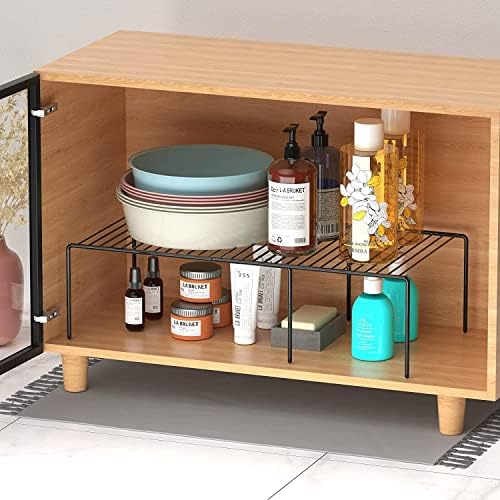 Kitchen Cabinet Expandable Shelf Organizers Set of 4, Adjustable Metal Wire Pantry Storage Shelves, Plate Dish Organizer Rack for Cabinets, Cupboard, Counter, Freezer, Countertop, Black - Image 5