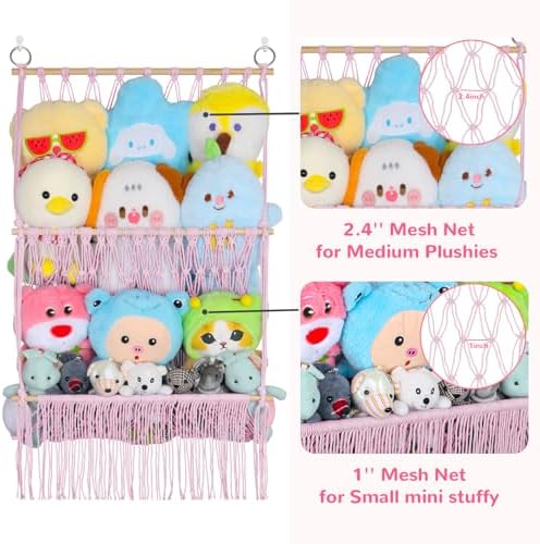 2 Tier Stuffed Animal Storage Net, Large Boho Plushies Stuffy Storage,Pink - Image 5