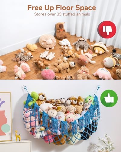 Boho Stuffed Animal Hammock, Falt Wall or Corner Hanging, Blue, XL - Image 5