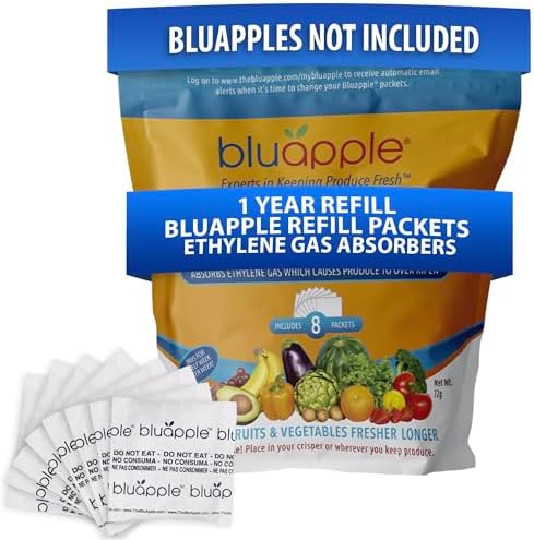 Bluapple Produce Saver Ethylene Gas Absorber - Fresh Fruit & Vegetable Storage, Food Savers for Refrigerator, 8 Packets (9g each), Each Packet Lasts 3 Months, Kitchen Must Haves, USA Made - Refill Kit by TheBluappleCompany