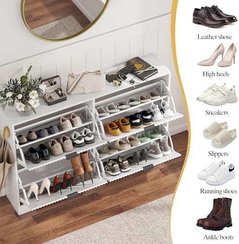 Shoe Cabinet Storage for Entryway with 4 Flip Drawers, White Fluted Shoe Cabinet with Adjustable Shelves, Wooden Hidden Shoes Rack Freestanding Narrow Slim Shoes Storage for Hallway, Entrance - Image 4