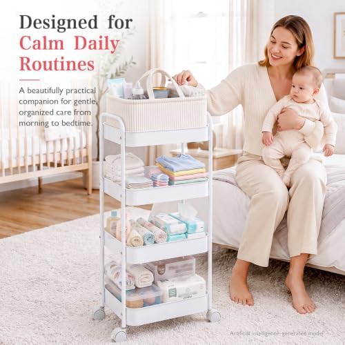 Baby Diaper Caddy 4 Tier Rolling Storage Cart with Wheels for Baby Bedside - Image 4