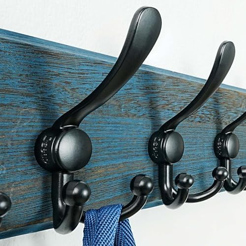 Dseap Coat Rack Wall Mount - Heavy-Duty Robust Barnwood-Style Wooden Wall Coat Hanger Hook Rail with 5 Triple Hooks for Winter Coats Hat Jacket Clothing, Weathered Blue & Black - Image 3
