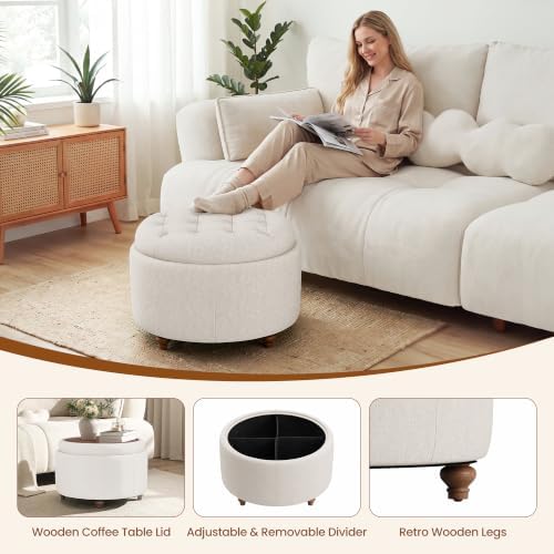 25" Round Ottoman with Storage, Small Coffee Table with Reversible Tray Lid - Image 4