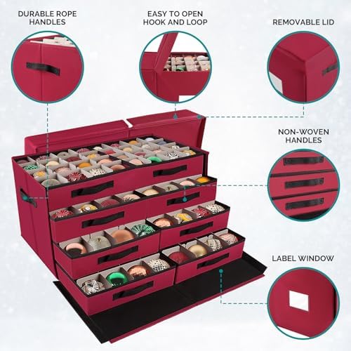 BlessedSeason Christmas Ornament Storage Box，Stackable 6 Drawer Organizers，Max 112 3" Christmas Dauble, Adjustable Christmas Ball Storage Container Bins, Red - Image 3