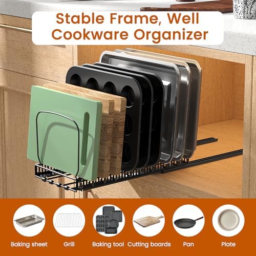 Housolution 1 Pack Baking Tray and Cookie Sheet Organizer, Cutting Board Organizer with 2 Using Methods, Bakeware Muffin Tin Storage Rack with 10 Adjustable Dividers for Cabinet, Black - Image 2