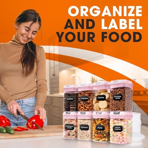Set of 8 Airtight Food Storage Containers - Pantry Organizer Bins, BPA Free Plastic Containers plus Dry Erase Marker and Labels, Pink - Image 4
