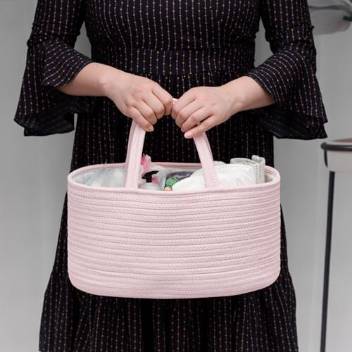 COMSE Large Cotton Rope Baby Diaper Caddy Organizer for Girls, Light pink - Image 2