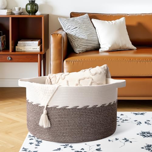 OIAHOMY 105L Extra Large Blanket Basket - Decorative Cotton Rope Storage Basket for Bedroom, Living Room & Nursery - Woven Laundry Hamper for Organizing Blankets, Clothes & Toys - Brown & White - Image 4