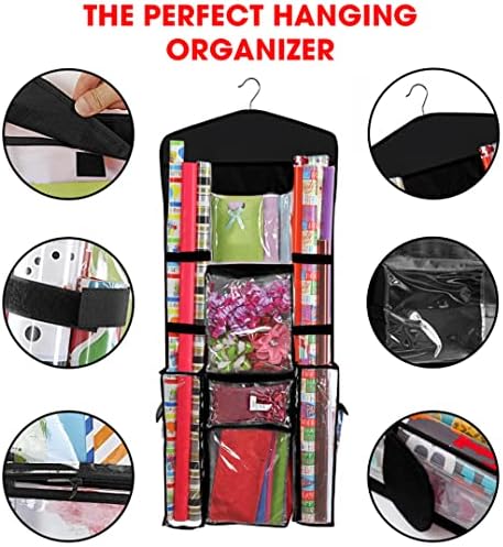 Hanging Gift Wrapping Paper Storage Organizer Bag, Double Sided Multiple Front & Back Pockets Organize Your Gift Wrap, Full Black, 1 Count (Pack of 1) - Image 4