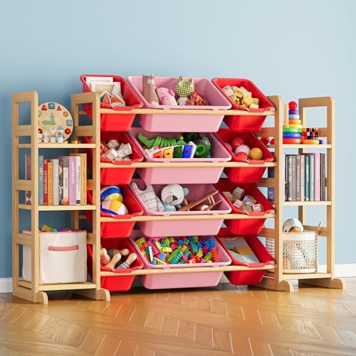SpaceAid Toy Storage Organizer with 6 Shelves and 12 Bins, Toy Organizers Storage Bookshelf, Kids Bin Shelf Toys Box Bookcase for Bedroom Playroom Organization Room Decor, Red and Pink by SpaceAid
