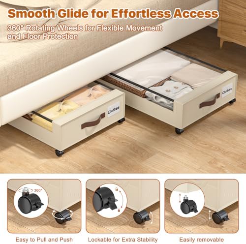 Under Bed Storage with Wheels,XXL 60L Under Bed Storage Containers with Clear Lids, Rolling Under Bed Metal Drawer for Clothes, Shoes,Toys (White, 2 Pack) - Image 4