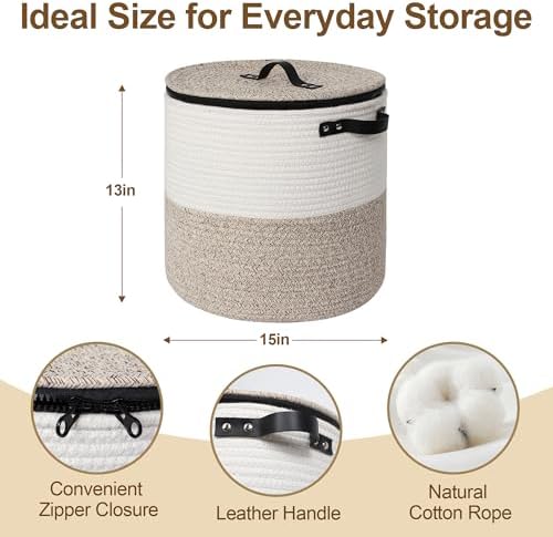 Storage Basket with Lid, 15"x13" Round Woven Blanket Storage for Living Room, Decorative Cotton Rope Hamper with Zipper Top, Wicker Basket with Lid, Floor Covered Kids Dog Toy Bin - Image 2
