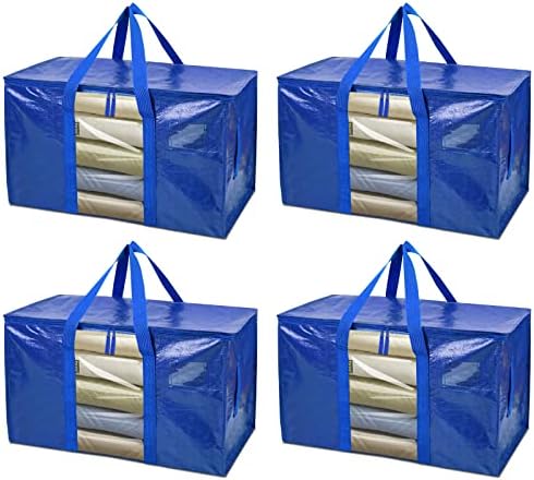 BALEINE 4-Pack Oversized Moving Bags with Reinforced Handles, Heavy-Duty Storage Tote Moving Supplies for Packaging, Camping (Blue w/Window, 4-Pack) by BALEINE