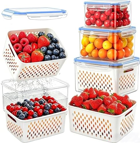3 Pack Fruit Storage Containers for Fridge with Removable Colander – Airtight Produce Storage Containers with Lids, BPA-Free Berry Keeper for Vegetables, Lettuce & Meal Prep (29oz+59oz+112oz) by Unknown