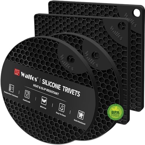 Walfos Silicone Trivet Mats - 4 Heat Resistant Pot Holders, Multipurpose Non-Slip Hot Pads for Kitchen Potholders, Hot Dishers, Jar Opener, Spoon Holder, Food Grade Silicone & BPA Free (Black) by Walfos