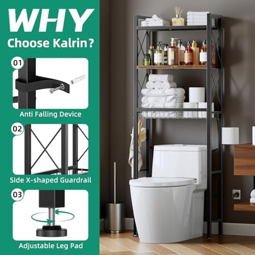 Kalrin Over The Toilet Storage with X Shape Side Guardrail, 3-Tier Over Toilet Storage Rack with Drain Basket, Freestanding Bathroom Organizer for Balcony Laundry, Vintage Brown - Image 4