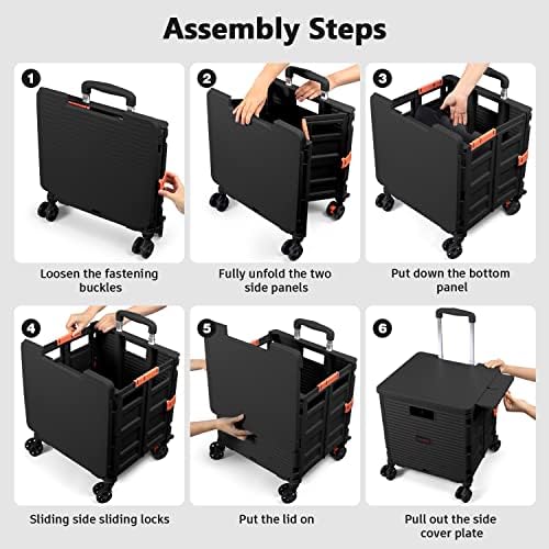 Foldable Utility Cart Collapsible Portable Crate Rolling Carts with Wheels Tote Basket with Magnetic Lid Telescopic Cover Wear-Resistant 360°Rotate Wheel Noiseless for Shopping Storage Office Use - Image 5