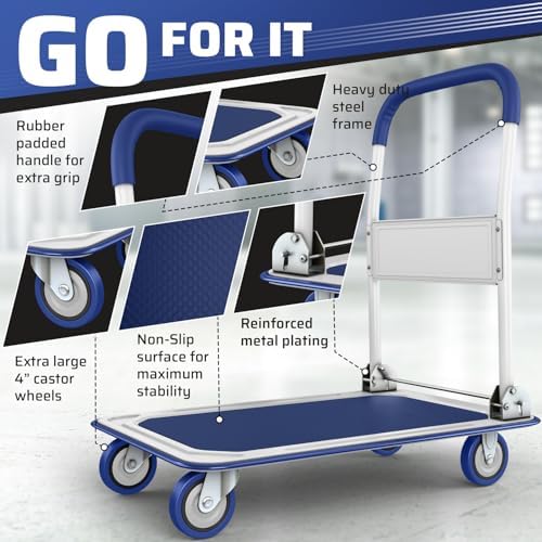 Heavy Duty Foldable Push Cart Dolly | 660 lbs. Capacity | Upgraded Collapsible Hand Truck Folding Platform with Swivel Wheels | Flat Bed Moving Wagon | Space Saving Push Handle (Blue) - Image 3