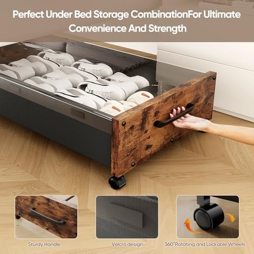 KITHELP Wooden Under Bed Storage with Wheels, Rolling Under the Bed Storage Bins with Removable Lid, Metal Under Bed Drawers for Clothes and Shoes in Bedroom or Living Room(Walnut Brown-1pack) - Image 4