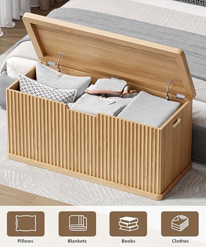 Akxomel 37.4" Fluted Storage Chest Wooden Storage Trunk 2 Safety Hinges Oak - Image 4